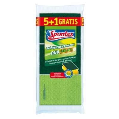 Abbildung von Spontex Reinigungsschwamm Duo Anti Fett 5+1, Topfreiniger mit Trockenseite, Farbe nicht frei wählbar, grün/pink, 1 x 6 Stück