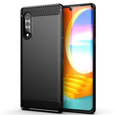 Abbildung von betterfon LG K22 Hülle Carbon Look Outdoor Stoßfeste Handy Tasche Hybrid Case Schutzhülle TPU Silikon Cover Bumper für Schwarz