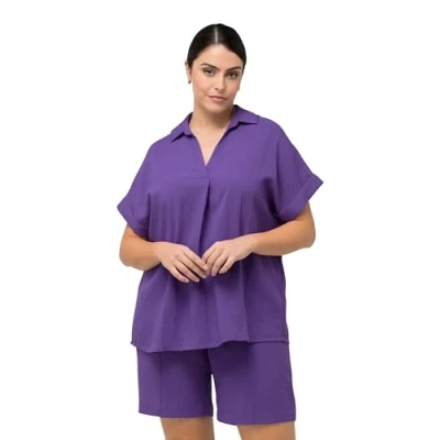 Abbildung von Ulla Popken Button Accent BACK Short Sleeve Bluse, Damen, Größe: 54/56, Purple