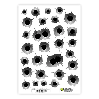 Abbildung von FOTOFOL Einschusslöcher Aufkleber Set in 3D Optik wetterbeständig Sticker Bullet Holes für Auto, Fahrzeuge, Roller, Moped, Motorrad Helm, Fahrrad, Laptop, Smartphone