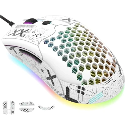 Abbildung von KUIYN 383 PRO M5 Ultraleichte kabelgebundene Gaming Maus, leichte Wabenschale, Pixart PAW3325, 6 einstellbare DPI 12000, 26 RGB atmende Mäuse mit Hintergrundbeleuchtung, 65 g, optische USB Model