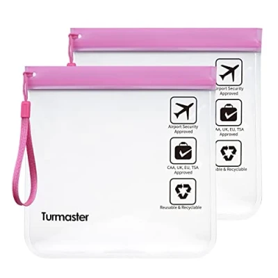 Abbildung von Turmaster 2 Packen Flughafen zugelassener durchsichtiger Kulturbeutel, auslaufsichere Flughafensicherheit zugelassene Flüssigkeitsbeutel 20 x 20cm, wasserdichte Reisekulturbeutel,Rosa mit Griff