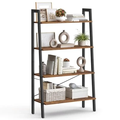 Abbildung von VASAGLE Regal, Bücherregal mit 4 Ebenen, Leiterregal, Standregal, für Wohnzimmer, Schlafzimmer, Küche, Homeoffice, Industrie Design, Stahlrahmen, vintagebraun schwarz LLS144B01