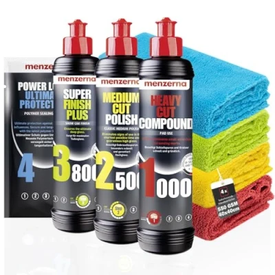 Abbildung von Menzerna Auto Polituren Set: Heavy Cut Compound 1000 + Medium Polish 2500 Super Finish Plus 3800 Power Lock Sachet 20ml 4X Mikrofasertuch