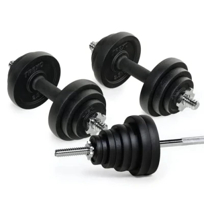 Abbildung von TREXO Set bestehend aus Kurzhanteln, Gewichten und Gewindestangen mit einem Gesamtgewicht von 50 kg in Koffer 20 gummierten GusseisenScheiben für das Krafttraining zu Hause DK50