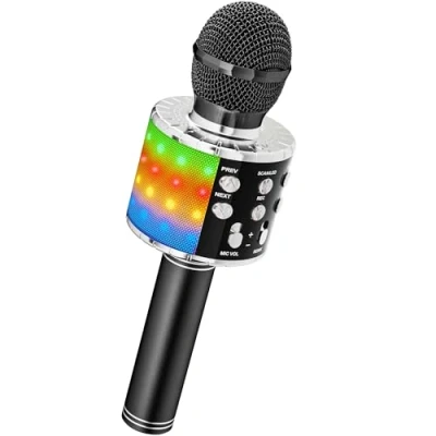 Abbildung von Magic Sing LED Karaoke Mikrofon Kinder, Drahtloses Bluetooth Spielzeug ab 3 12 Jahre Geschenk Mädchen KTV Lautsprecher mit Stimmenverzerrer, Heim Maschine für Android, iOS, PC(Schwarz)