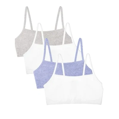 Abbildung von Fruit of the Loom Women&#039;s Spaghetti Strap Cotton Pullover Sports Bra, Heather Grey/White/White/Blue 4 Pack, 36