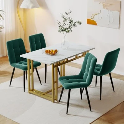 Abbildung von Moimhear 120 x 70 cm weißer Esstisch mit 4 Stühlen, modernes Küchen Set, Samt Esszimmerstühle, Tisch Goldenen Eisenbeinen (dunkelgrüner)