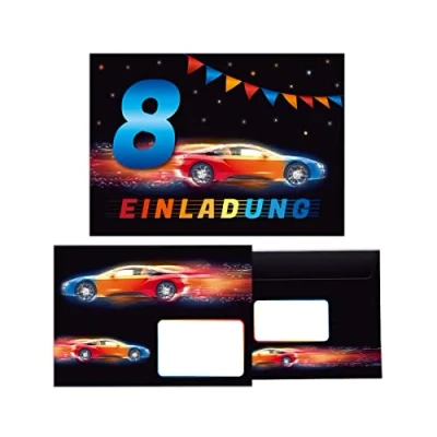 Abbildung von JUNAPACK Einladungskarten Auto zum 8. Kindergeburtstag Jungen Einladungen Rennauto Umschläge car, mit Umschlägen Geburtstag