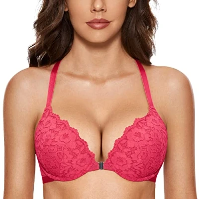 Abbildung von DOBREVA Damen Vorderverschluss BH mit Bügel Push Up Spitzen Neckholder BHS Racerback Tiefer Ausschnitt Gepolsterter Helle Rose 90C