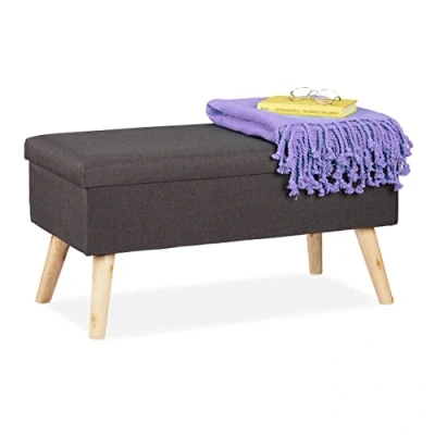 Abbildung von Relaxdays Sitzbank mit Stauraum, gepolsterte Truhenbank, modern, Holzbeine, Stoffbezug, HBT: 39 x 77 cm, dunkelgrau