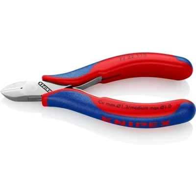 Abbildung von KNIPEX Elektronik Seitenschneider 115 mm, 77 22 SB Kopf spiegelpoliert, Griffe mit Mehrkomponenten Hüllen, runder Kopf, Schneidwert weicher Draht 0,3 1,3 Ø mittelharter 1,0 Länge Gewicht netto 80 g (77 SB)