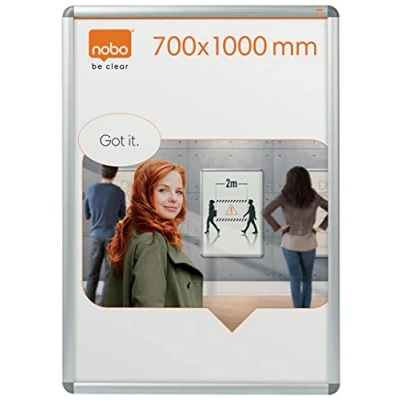 Abbildung von Nobo Premium Plus Plakatrahmen mit Klapprahmen, 700 x 1000 mm, Wandbefestigung durch Eckmontage, Aluminiumrahmen, Entspiegelte Kunststoff Abdeckung, Silber, 1902209