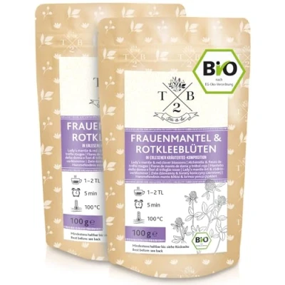 Abbildung von Frauenmantel und Rotkleeblüten in erlesener Kräuterteemischung Bio Qualität, 200g im 2er Set