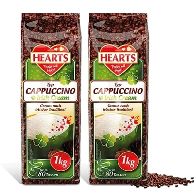 Abbildung von HEARTS Cappuccino Irish Cream, 2er Pack (2 x 1 kg), lösliches Instant Kaffeepulver, 160 Tassen, Genuss nach irischer Tradition