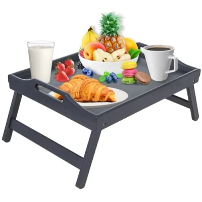 Abbildung von Mosii Grauer Bambus Bett Tablett mit Griffen und klappbaren Beinen, Mehrzweck Knietablett Stehpult für Frühstück im Bett, Sofa, Essen, Platten, Arbeiten, Zeichnen, Laptop Ständer Snacktablett