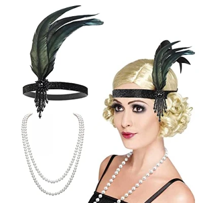 Abbildung von VIKSAUN 1920s Damen Feder Stirnband, 20er jahre Accessoires Flapper haarschmuck Stil Haarband Gatsby, Faux Perlen Halskette, Vintage Kristall Gatsby Thema