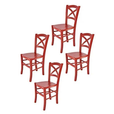 Abbildung von t m c s Tommychairs 4er Set Stühle Cross für Küche und Esszimmer, robuste Struktur aus lackiertem Buchenholz im Farbton Rot Sitzfläche Holz in der Farbe