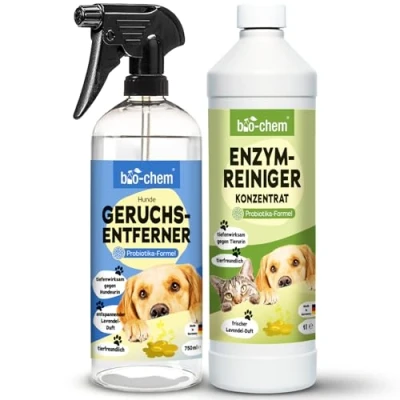 Abbildung von bio chem Geruchsentferner Set Hunde Spray 750 ml + Enzymreiniger Konzentrat 1L Mikrobiologisch &amp; effektiv Gegen Tiergeruch auf Textilien Oberflächen