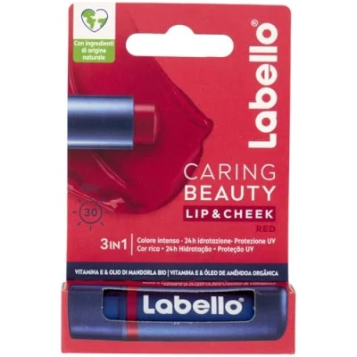Abbildung von Labello Caring Beauty Lip &amp; Cheek Red 4.8g Lippen und Wangen Lippenbalsam mit einer roten Note, getönter Blush Stick 2 in 1, feuchtigkeitsspendender Balm LSF 30 Schutz