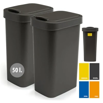 Abbildung von Hausfelder Mülleimer Abfalleimer 50l groß mit Deckel, 2er Set Schwingdeckel, 2x50 l, Made in Germany, Klapp und robuste Konstruktion