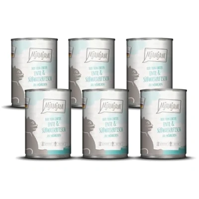 Abbildung von MjAMjAM Premium Nassfutter für Katzen DUO von zarter Ente &amp; Süßwasserfisch an Möhrchen, 6er Pack (6 x 400g), getreidefrei mit extra viel Fleisch