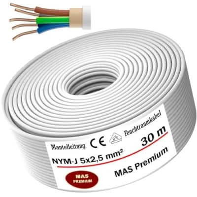 Abbildung von MAS Premium Feuchtraumkabel Stromkabel 5 200m Mantelleitung NYM J 3x1, 2,5 4 6 10 oder 5x1,5 16 Elektrokabel für feste Verlegung (NYM 5x2,5 mm², 30m)