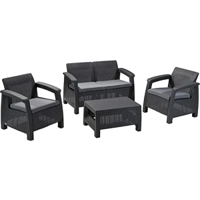 Abbildung von Koll Living Sitzgruppe Corfu 4tlg. 2er Sofa, 2X Sessel mit Boxtisch vielfach kombinierbar in naturgeträuer Rattanoptik