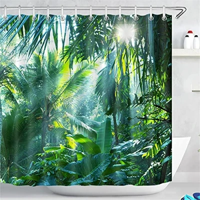 Abbildung von LB Grün Wald Duschvorhang 180x180CM Tropischer Dschungel Duschvorhänge mit Haken,Bananen Blätter Palme Pflanze Bad Vorhang Polyester Wasserdicht Anti Schimmel Badezimmer Vorhänge