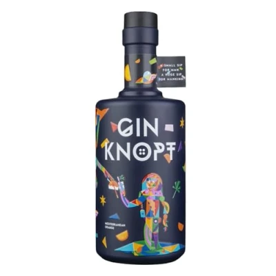 Abbildung von Gin Knopf aus frischen Orangen und Käutern destilliert einzigartiges Aroma handcrafted 44% 500ml