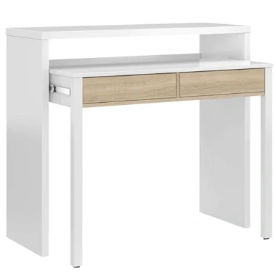 Abbildung von Ausziehbarer Konsolenschreibtisch mit zwei Schubladen, Eiche und weiße Farbe, Maße 98 x 87 36 cm (ausziehbar bis 66 cm)