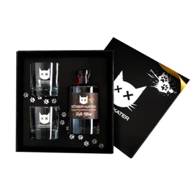 Abbildung von Böser Kater Glühwein Gin Geschenkset mit 2 Gläsern, Heiße Mieze, Glühpunsch trifft Gin, Ideal für winterliche Cocktails, das perfekte Geschenk in hochwertiger Box, 0,5l 17% Vol.