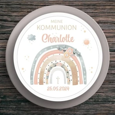 Abbildung von Tortenaufleger Kommunion Regenbogen #1 Name &amp; Datum (20cm)