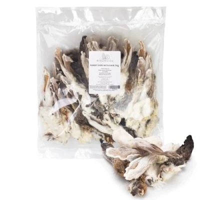 Abbildung von Riverside Hasenohren für Hunde mit Fell (1 kg 50 65) natürliche, luftgetrocknete Kaninchenohren große und kleine getreidefrei, glutenfrei hypoallergen hergestellt in der EU