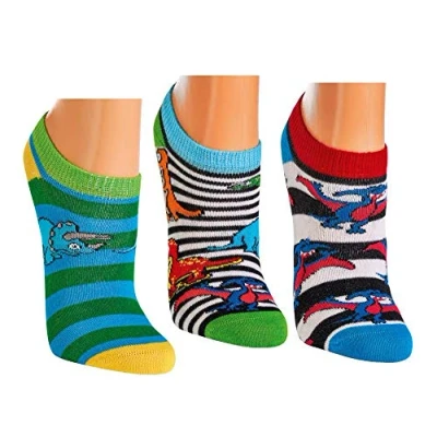 Abbildung von 6 Paar Kinder Sneakersocken, handgekettelt, mit Motiv Freche Bande, Gute Laune Ringel und Dino für Mädchen Jungen (Dinos, 27 30)