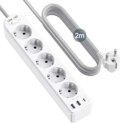Abbildung von LENCENT 5 Fach Steckdosenleiste 8 in 1 Mehrfachsteckdosen Steckerleiste 4000W mit Typ C &amp; 2 USB A Anschlüßse, Mehrfachstecker 16A 2M Geflochtenem Kabel für Steckdose Wandsteckdose, Weiß