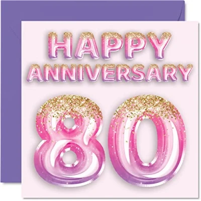 Abbildung von Stuff4 Hübsche Eichen Jubiläumskarte für Ehefrau, Freundin, Ehemann, Freund, rosa lila Glitzer Luftballons Happy 80th Anniversary Karten von Familie, 145 mm x Grußkarten 80. Jubiläen