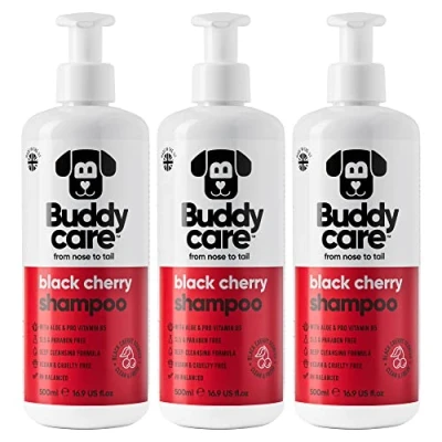 Abbildung von Schwarzkirsch Hundeshampoo von Buddycare Tiefenreinigendes Shampoo für Hunde Fruchtiger Duft Mit Aloe Vera und Pro Vitamin B5 (500ml x3)