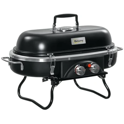 Abbildung von Outsunny Gasgrill 2,34 KW Klappbar BBQ Gartengrill inkl 2 Edelstahl Brenner Druckminderer Gasschlauch Deckel Thermometer, Heizzonen, Camping Grill für Balkon, 66 x 34,5 37 cm