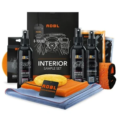 Abbildung von Autopflege Set: Interior Experience Set Autoreinigungsset Innenpflege ADBL Innenreiniger Glasreiniger Innenraumduft Lufterfrischer Handpolierschwamm Mikrofasertuch Reinigungstuch 8 teilig