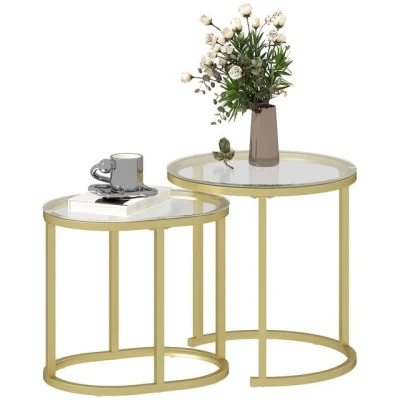 Abbildung von HOMCOM Couchtisch rund 2er Set Stapelbarer Beistelltisch mit Stahlrahmen, Wohnzimmertisch Kaffeetisch für Wohnzimmer Schlafzimmer Gold