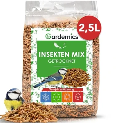 Abbildung von Gardemics Premium Insektenmix 2,5 Liter 500g Mit Mehlwürmer getrocknet, Soldatenfliegenlarven getrocknet &amp; Gamarus für Vögel Vogelfutter, Igelfutter, Insektenfutter Wildvögel, Gartenvögel