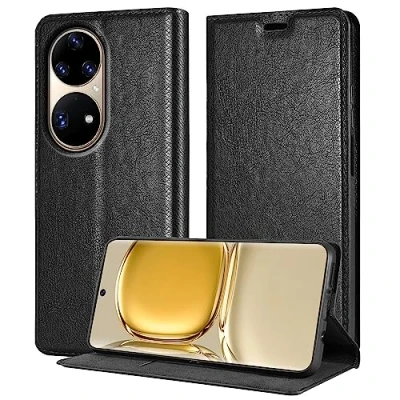 Abbildung von Cadorabo Hülle kompatibel mit Huawei P50 PRO aus Premium Kunst Leder Flip Klappbare Stoßfeste Magnetische [Standfunktion] [Kartenfächern] Cover Case für Tasche in Schwarz