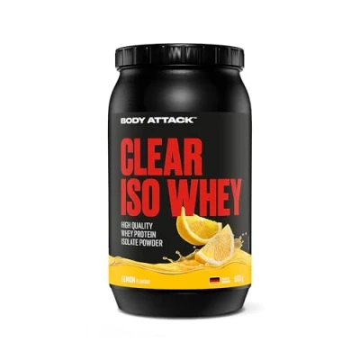 Abbildung von Body Attack Clear Iso Whey Lemon, 900g Made in Germany Erfrischendes, klares Protein Isolat 24 g und 11.400 mg EAAs pro Shake, zucker &amp; fettfrei
