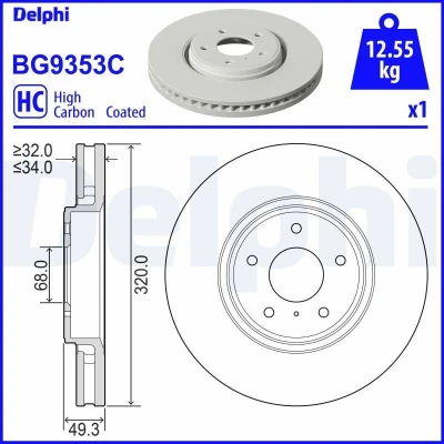 Abbildung von DELPHI BG9353C Bremsscheibe 320 34 5 Belüftet beschichtet hochgekohlt ohne Radlager, ABS Sensorring INFINITI: FX SUV, Q70, EX Schrägheck
