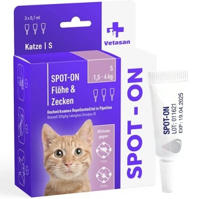 Abbildung von Vetasan Spot ON für Katzen 1,5 4kg (S) gegen Flöhe &amp; Zecken 3 Monate Schutz ohne Chemie Zeckenmittel Floh und Zeckenschutz
