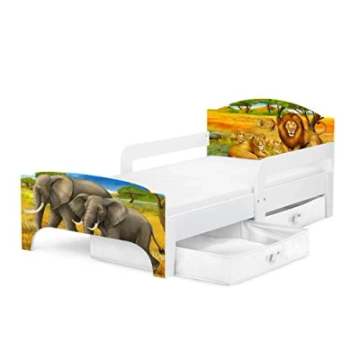 Abbildung von Leomark SMART Kleinkinderbett aus Holz Safari Kinderbett mit Schubladen für Bettwäsche, Einzelbett Matratze, Stauraum, Rausfallschutz Lattenrost, Liegefläche 140 x 70 cm, UV Druck