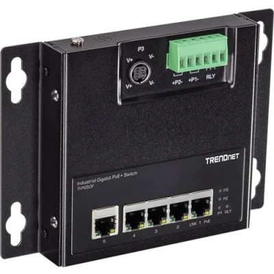 Abbildung von TRENDnet TI PG50F Industrieller Gigabit Poe+ Switch mit 5 Ports zur Wandmontage von vorne, 5X Ports, DIN Schienenmontage, 4857 V DC Leistungseingang, IP30, 120 W Poe Budget