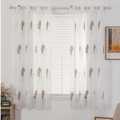 Abbildung von MIULEE Vorhänge mit Kaffee und Weiß Blätter Muster, Stickerei Vorhang Transparent, Ösen Gardinen Für Wohnzimmer, Ösenvorhang Durchsichtig, 2er Set Modern Schlafzimmer Vorhänge, Jeder H 175 X B 140cm