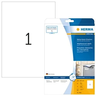 Abbildung von HERMA 4866 Wetterfeste Folienetiketten für Inkjet Drucker, 10 Blatt, 210 x 297 mm, 1 pro A4 Bogen, Stück, selbstklebend, bedruckbar, matt, Klebeetiketten Aufkleber Tintenstrahldrucker, weiß